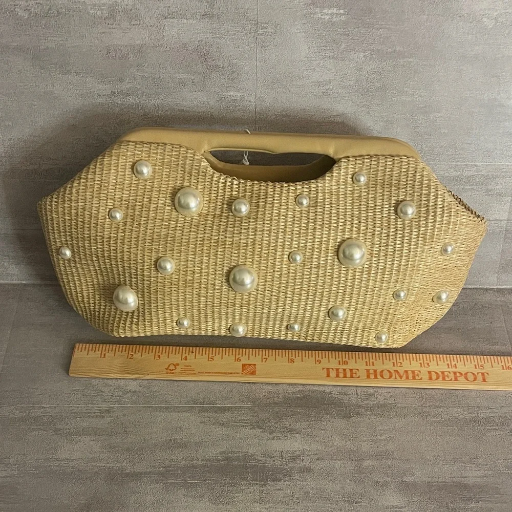 Pearl-Embellished Straw Clutch Bag in Natural - Picture 5 of 9